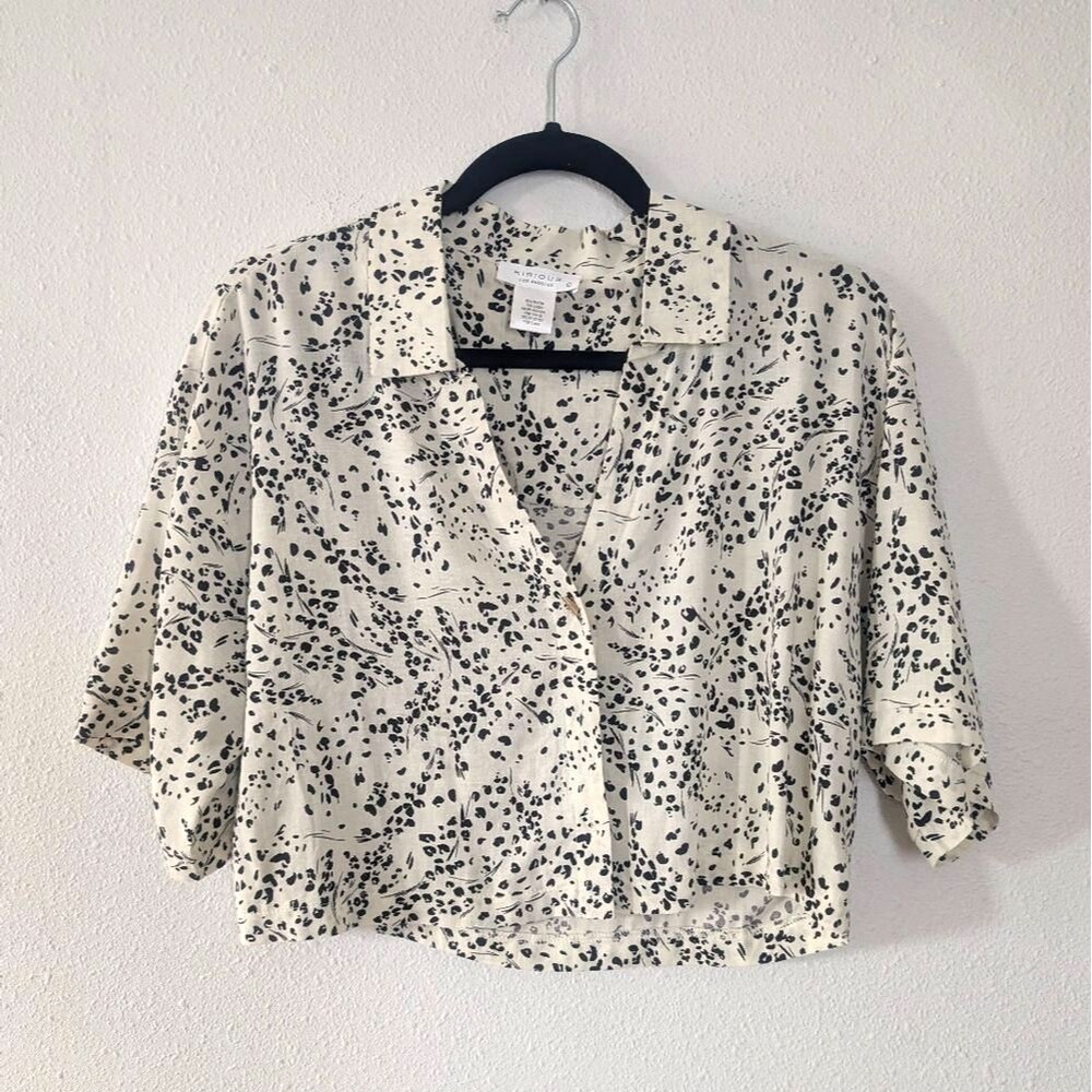 Kirious Linen Blend Cropped Blouse Large | Ivory Black Print Button Front Top - Picture 2 of 6